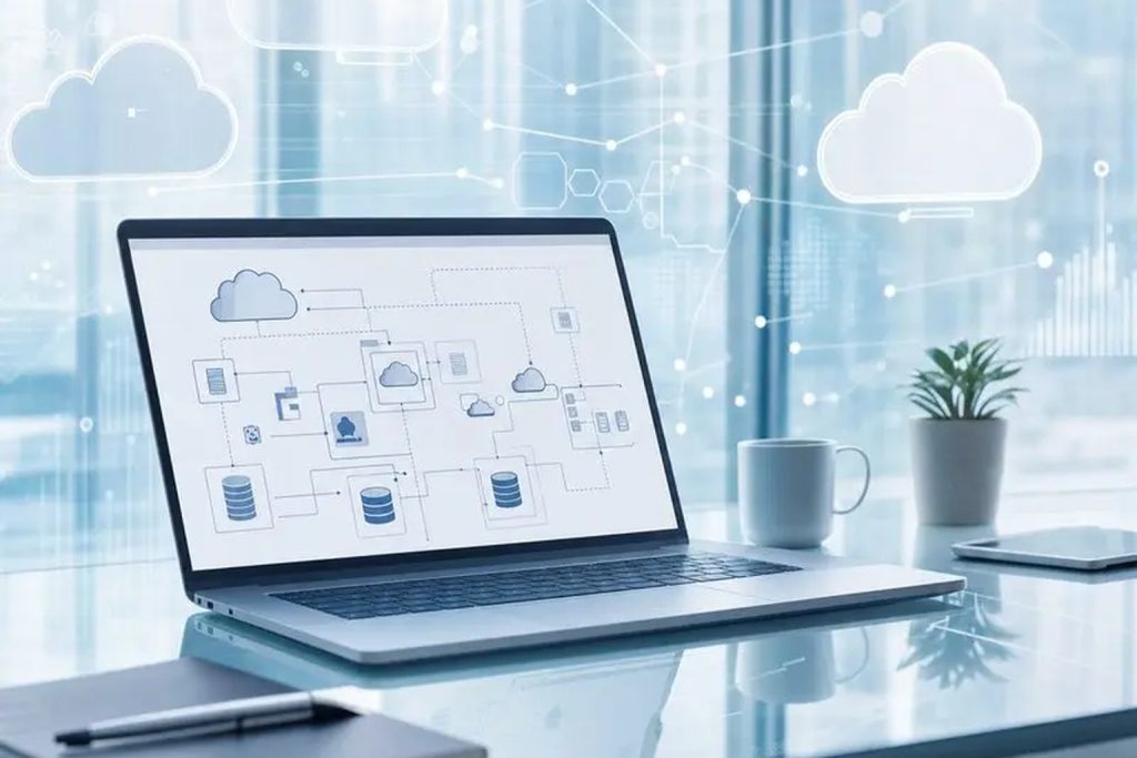 AWS and Microsoft Azure cloud architecture on a modern laptop