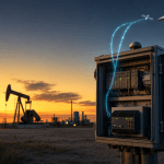Industrial control panel with ruggedized FortiGate firewall, PLCs, Starlink dish and 5G connectivity protecting oilfield equipment
