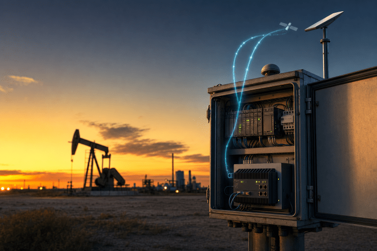 Industrial control panel with ruggedized FortiGate firewall, PLCs, Starlink dish and 5G connectivity protecting oilfield equipment