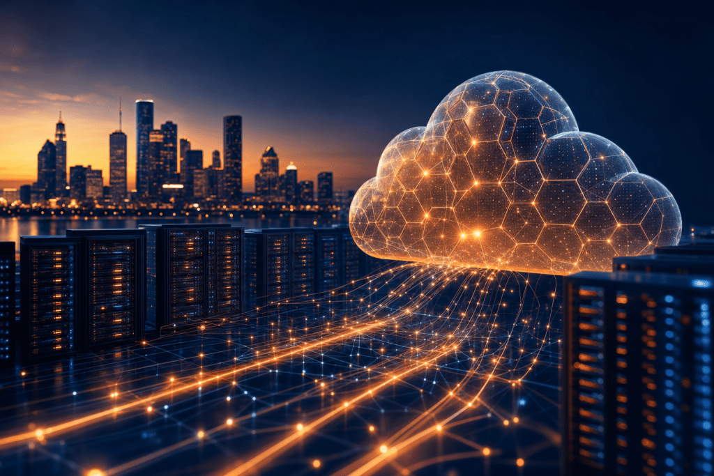 Illustration of AWS cloud architecture with hexagonal cell pattern connecting to enterprise server racks