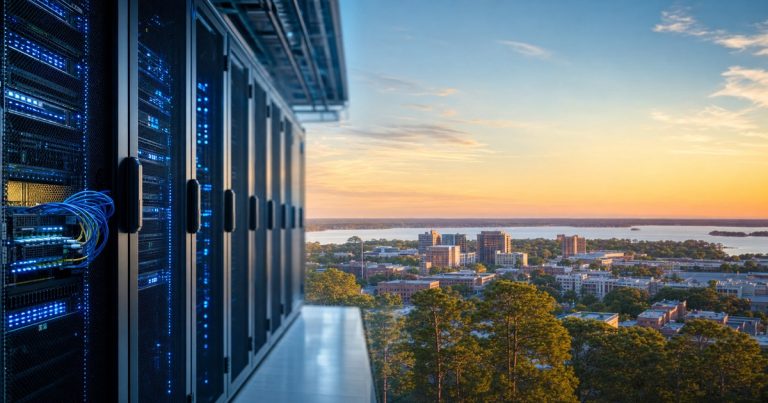 Galaxy IT Solutions server rack and managed IT services hub in Conroe, Texas, overlooking the Montgomery County skyline at golden hour