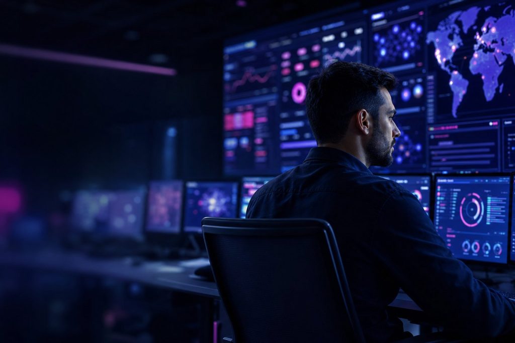 Security engineer monitoring threat dashboards in a SOC