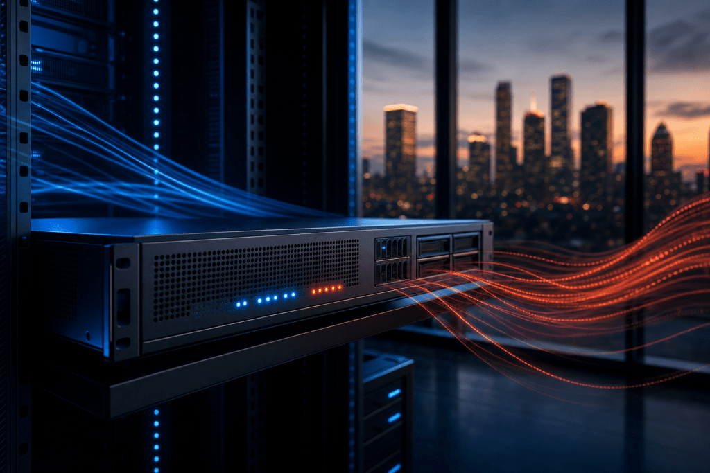 Illustration of FortiGate next-generation firewall inspecting clean and malicious network traffic in an enterprise data center