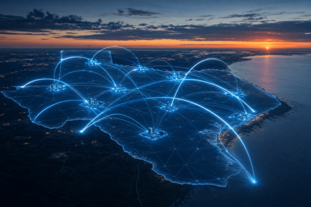 Illustration of Fortinet SD-WAN intelligent traffic steering across distributed Texas business locations