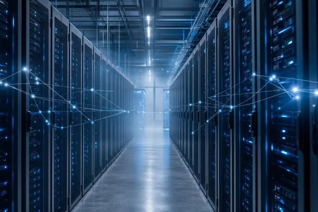 Galaxy IT private datacenter aisle with illuminated server racks