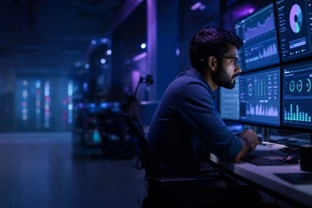IT engineer monitoring managed services dashboards in a NOC