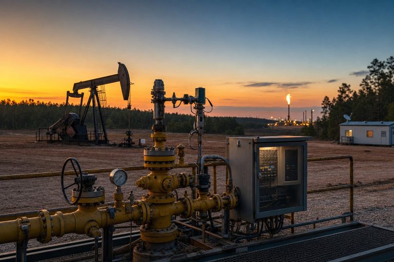Oil and gas pump jack, midstream pipeline manifold with SCADA control cabinet, refinery flare stack, and remote pad-site office trailer with Starlink dish at sunset in East Texas — Galaxy IT Solutions oil and gas IT services.
