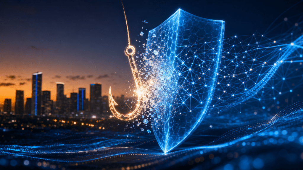 Illustration of AI-powered PhishTitan dissolving a phishing hook over a Houston skyline
