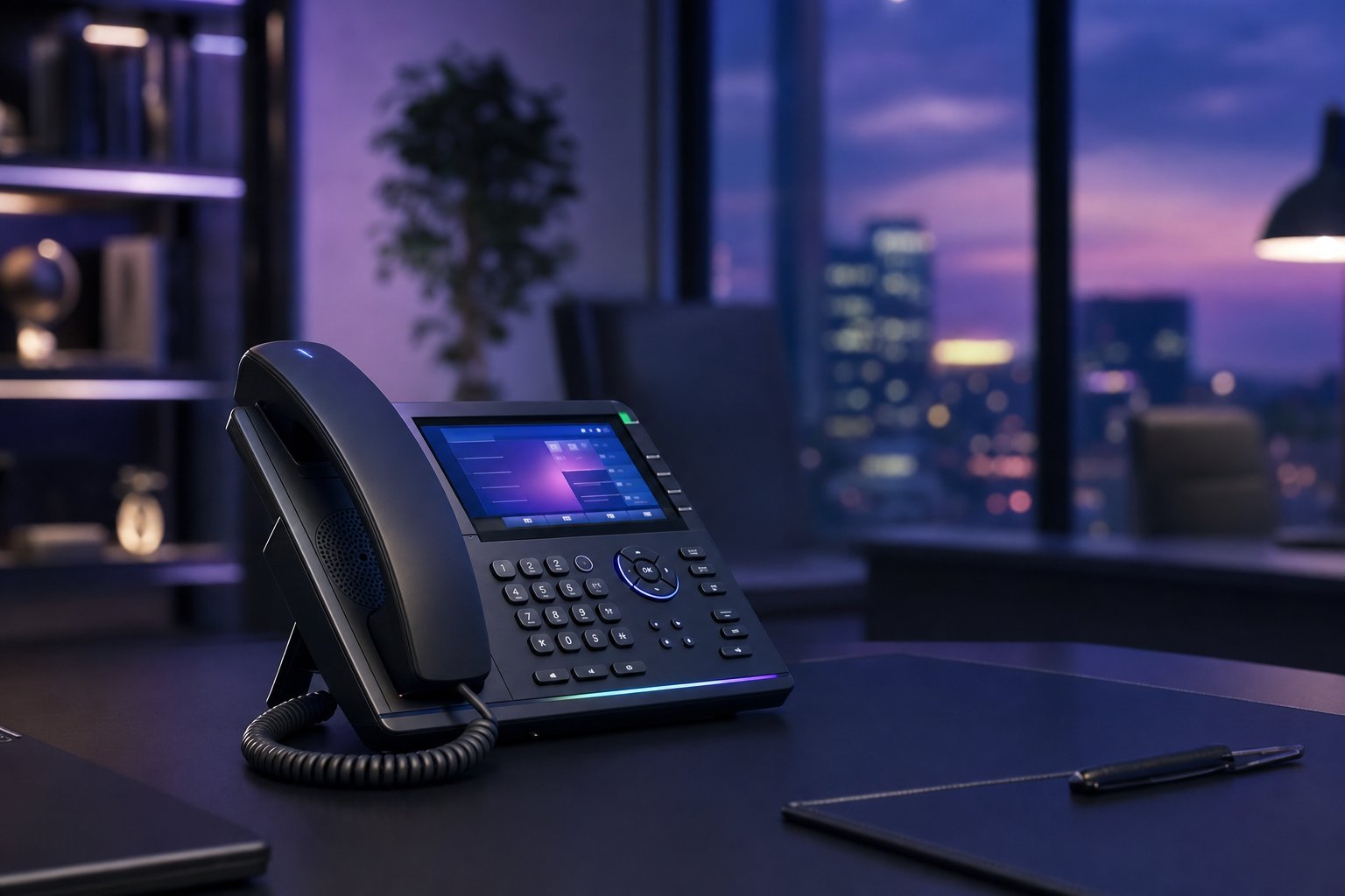 Modern SIP business desk phone on an executive desk