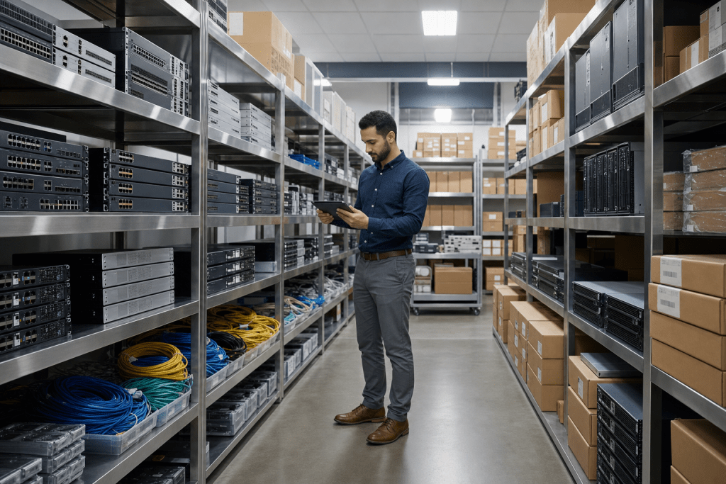 Galaxy IT Solutions hardware procurement warehouse — enterprise networking equipment, switches, servers, and structured cabling staged for deployment