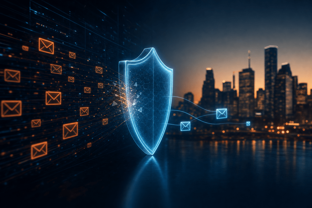 Illustration of SpamTitan email gateway filtering spam and malware with a luminous blue shield