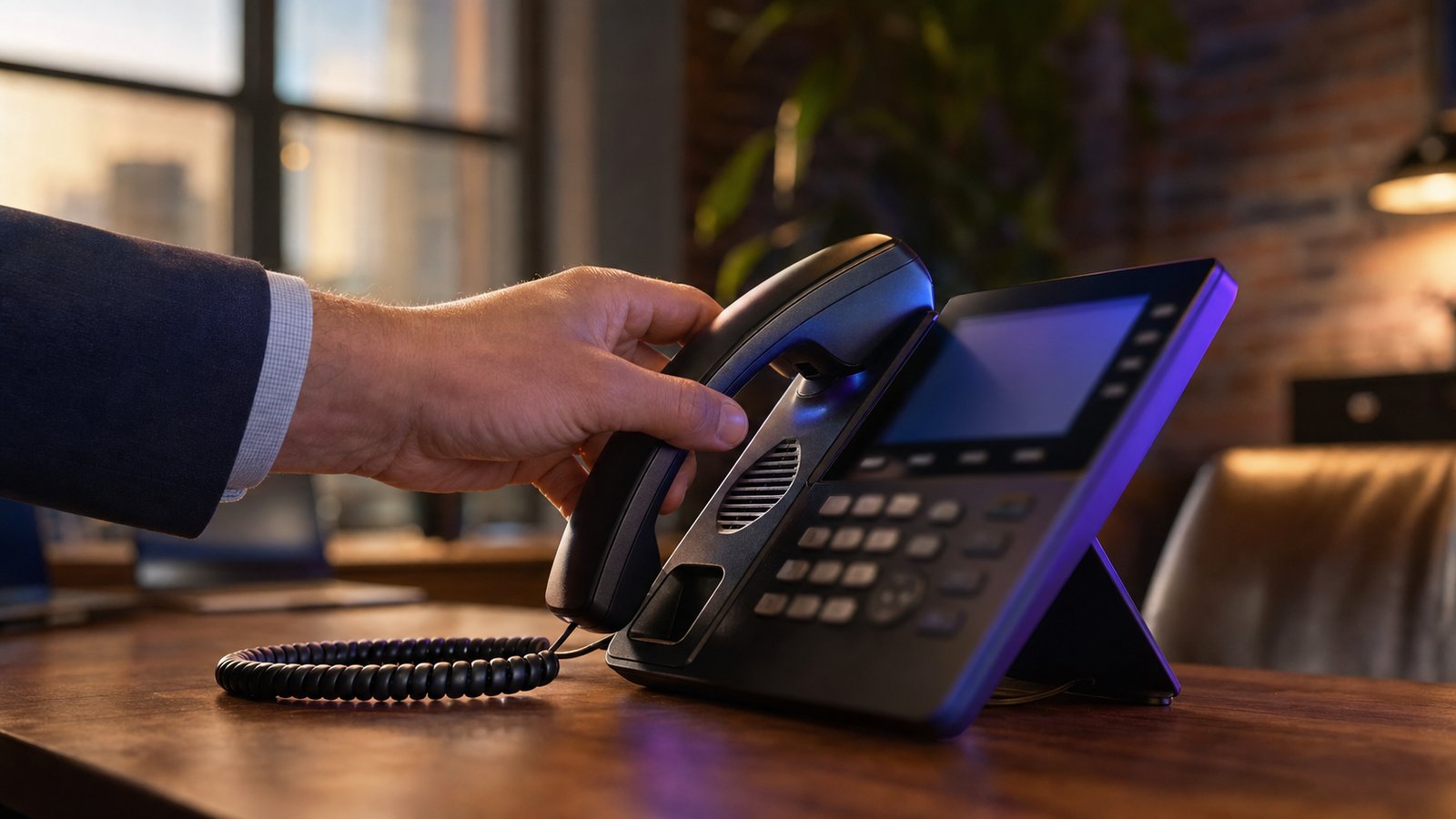 Hand picking up business VoIP handset on walnut desk