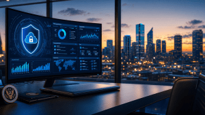 CISA SCuBA Microsoft 365 Security dashboard with Houston skyline at dusk