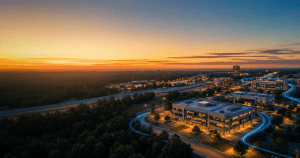 Aerial twilight view of Montgomery County Texas with glowing managed IT services connectivity lines