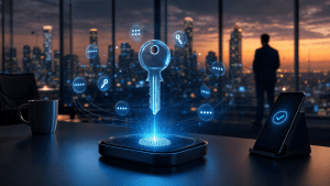 Holographic key on biometric scanner representing strong password and MFA policies