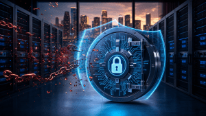 Cyber vault with shield blocking ransomware threats in Houston data center