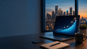 Laptop on a modern desk showing an upward growth dashboard with a Houston twilight skyline in the background